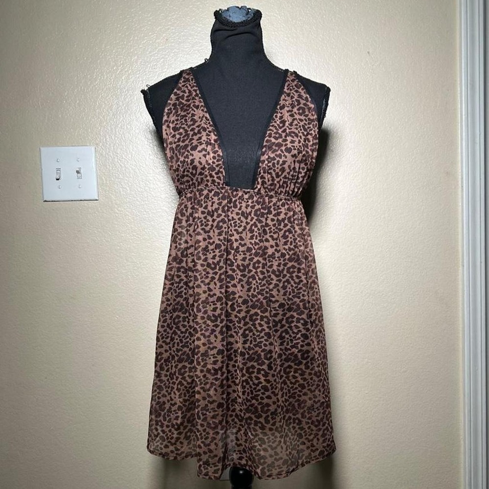 Fredericks of Hollywood Lingerie XXL Leopard Print V Neck Y2K Mini Dress Brown